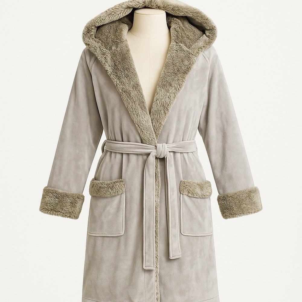 Pottery Barn Women's Hooded Plush Robe‎ Large Gray Faux Fur Trim Belted Cozy